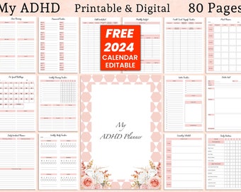 Könnte beinhalten: Ein rosa-weißer druckbarer Planer mit dem Text "My ADHD Planner" und "FREE 2024 CALENDAR EDITABLE". Der Planer hat 80 Seiten und beinhaltet Abschnitte für die tägliche, wöchentliche und monatliche Planung.