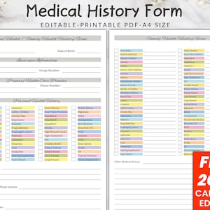 Editable Medical History Form, Family Medical History Form , Medical Record, Personal Health History, Medical Health, Family Health History