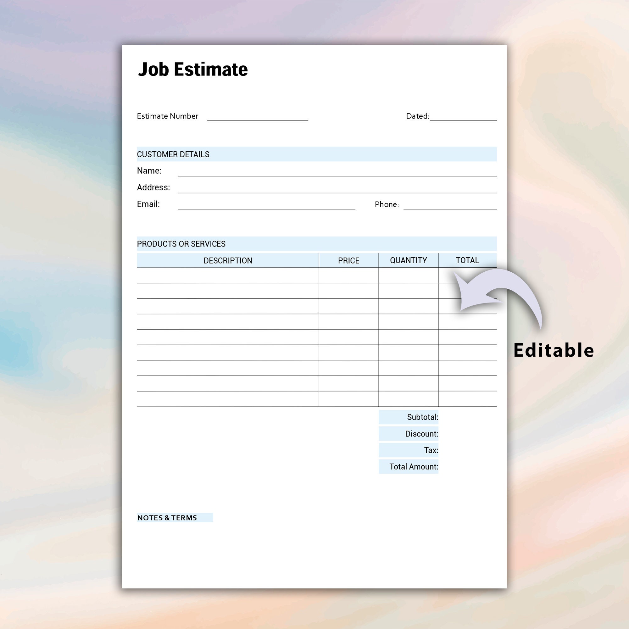 Editable Job Estimate Template, Editable and Printable Estimate Form ...