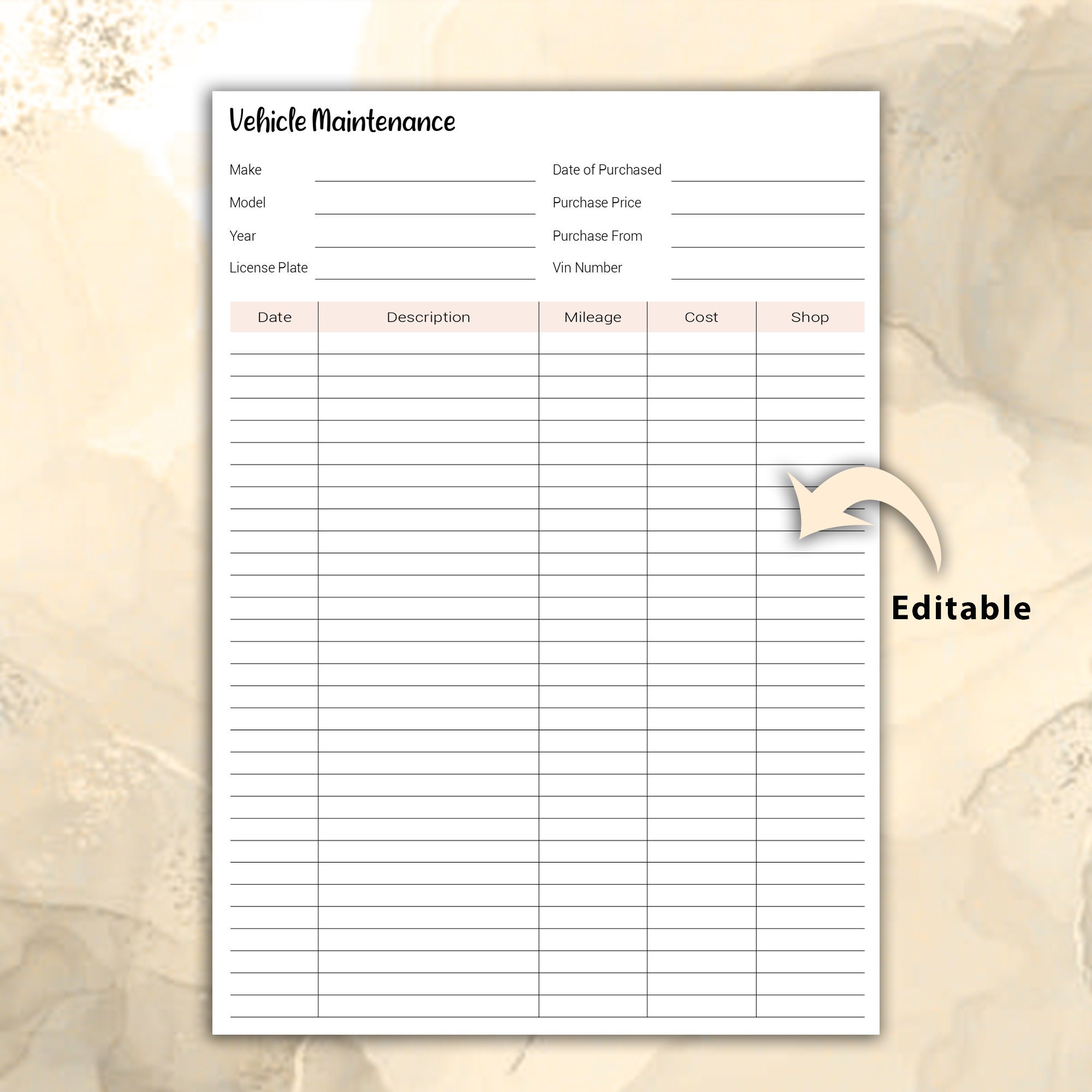 Editable Vehicle Maintenance Log Book Vehicle Service - Etsy
