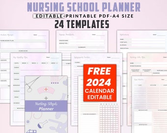 May include: A set of 24 printable nursing school planner templates in PDF format. The templates are designed for A4 size paper and include a variety of pages for organizing homework, assignments, medication tracking, and more. The templates feature a light pink and purple color scheme with illustrations of medical tools and a nurse's cap.
