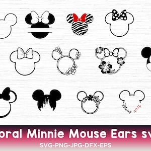 May include: A set of 10 black and white SVG cut files featuring floral Minnie Mouse ears. The designs include a variety of floral patterns, including polka dots, stripes, and flowers.