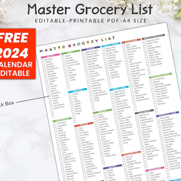 Editable and Printable Master Grocery List, Online shopping list, Master Shopping list, Digital Grocery Shopping list, Weekly Meal Planner