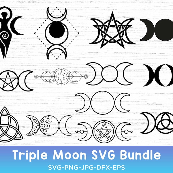 Triple Moon Enchantment, Mystical Triple Goddess Symbol, Triple Moon Pentagram SVG, Triple Moon Goddess Png, Triple Moon Goddess Svg