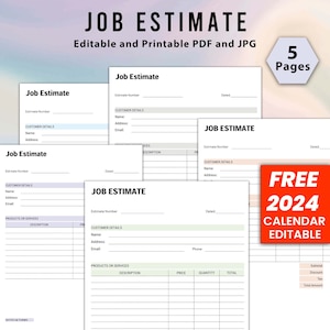 Puede incluir: Un conjunto de cinco formularios de estimación de trabajo imprimibles en un esquema de colores azul claro, verde y marrón. Los formularios incluyen campos para los datos del cliente, los productos o servicios, el precio, la cantidad, el total y las notas. Los formularios están etiquetados como "Estimación de trabajo" y son editables e imprimibles en formatos PDF y JPG.