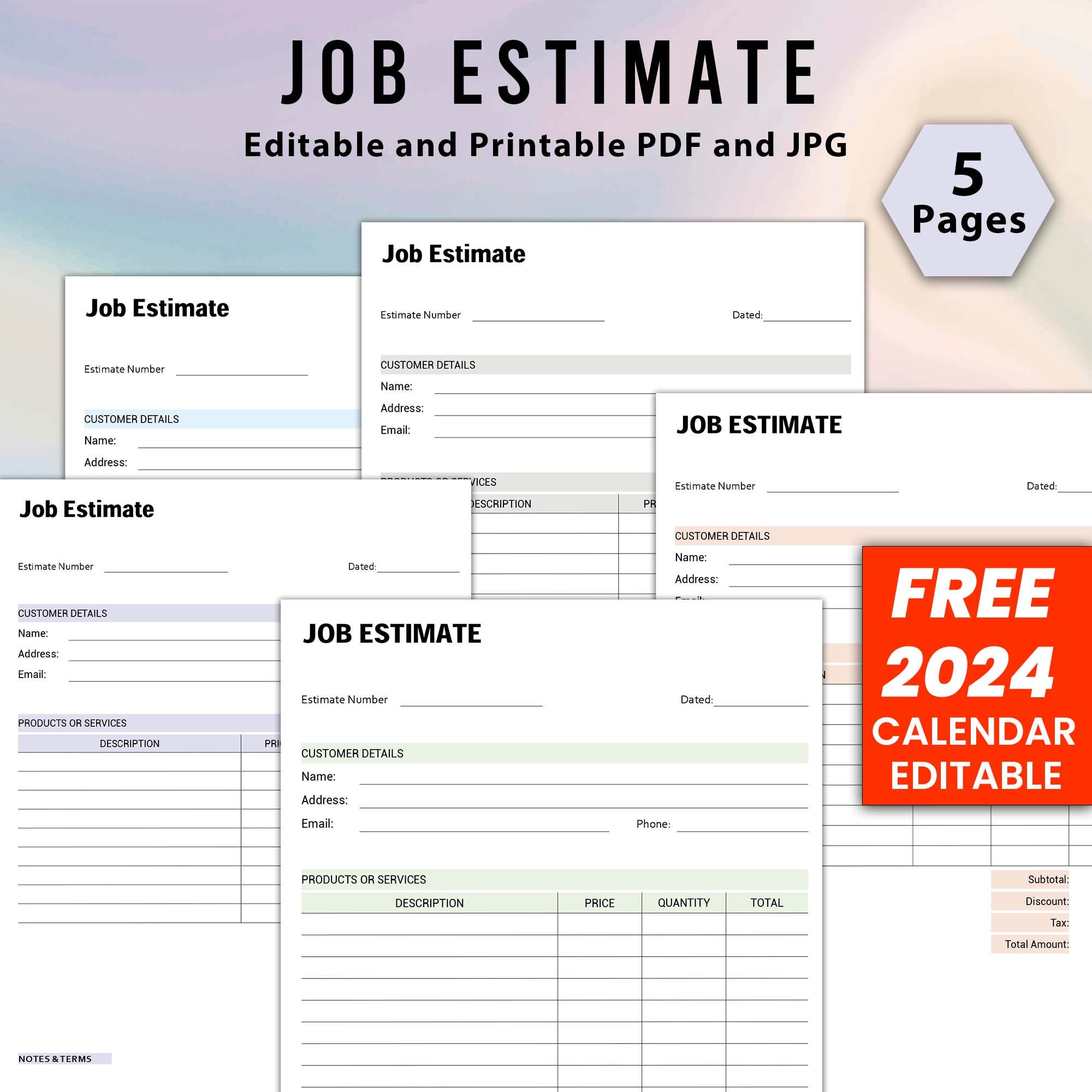 Editable Job Estimate Template, Editable and Printable Estimate Form ...