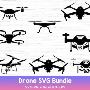 Könnte beinhalten: Ein Satz von 8 schwarzen und weißen Drohnen-SVG-Dateien. Die Drohnen sind in verschiedenen Stilen und Konfigurationen. Der Text "Drone SVG Bundle" und "SVG-PNG-JPG-DFX-EPS" befindet sich am unteren Rand des Bildes.