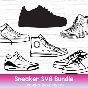 May include: A set of five black and white sneaker illustrations. The sneakers are all different styles, including high-tops, low-tops, and running shoes.  The illustrations are in a simple, minimalist style.  "Sneaker SVG Bundle" is written in white text on a pink background.
