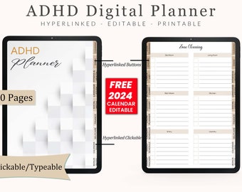 Könnte beinhalten: Ein digitaler Planer für Menschen mit ADHS. Der Planer umfasst 80 Seiten und beinhaltet einen kostenlosen Kalender für 2024. Der Planer ist mit Hyperlinks versehen und klickbar, was die Navigation erleichtert. Der Planer enthält auch einen Bereich für die Zonenreinigung, der zur Organisation von Reinigungsaufgaben verwendet werden kann.