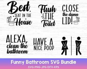 Puede incluir: Un conjunto de 8 diseños SVG divertidos para el baño en blanco y negro. Los diseños incluyen texto como "Mejor asiento de la casa", "Tira de la cadena", "Cierra la maldita tapa", "Alexa, limpia el baño" y "Ten una buena caca".