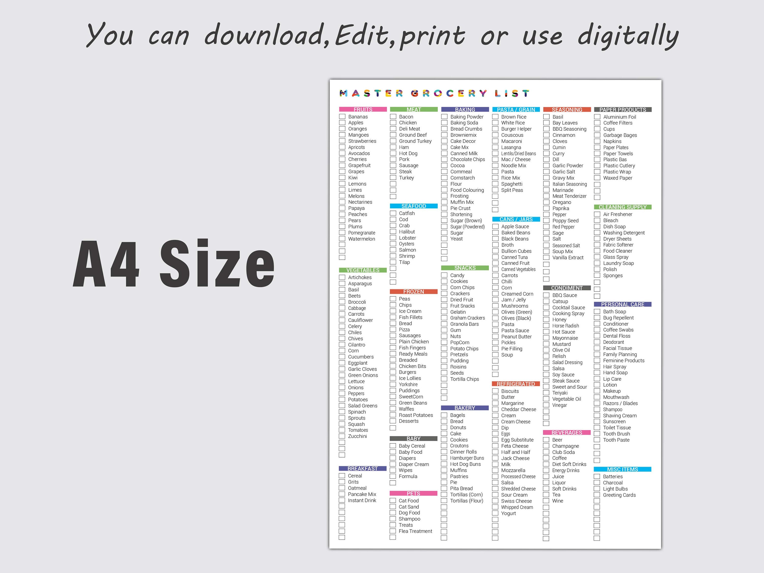 Editable and Printable Master Grocery List, Online Shopping List ...