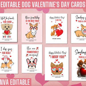 BEWERKBARE afdrukbare hond Valentijnskaarten, Valentijnsdagkaarten, Valentijnskaarten Klaslokaal, Klas Valentijnskaarten, Puppy Valentijnskaarten