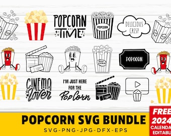 Może przedstawiać: Zestaw 15 czarno-białych wzorów SVG z motywem popcornu, filmów i tekstem "Popcorn Time", "Delicious Crisp", "Popcorn", "Cinema Lover", "I'm Just Here For The Popcorn".
