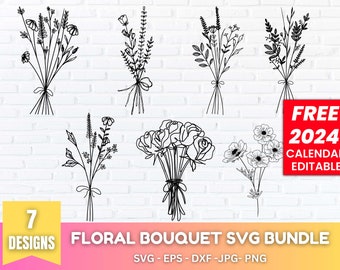 Blombukett SVG-paket, handritade blommor, bröllops-SVG (kommersiellt bruk)