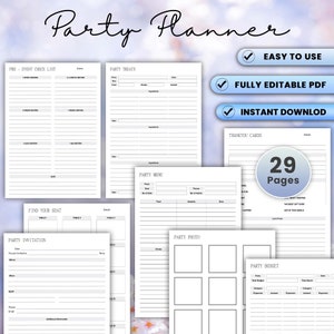 May include: A printable party planner with 29 pages, including checklists, seating charts, invitations, menus, photo pages, budget pages, and thank you cards. The planner is designed in a light blue and white color scheme with a floral pattern.
