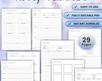 May include: A printable party planner with 29 pages, including checklists, seating charts, invitations, menus, photo pages, budget pages, and thank you cards. The planner is designed in a light blue and white color scheme with a floral pattern.