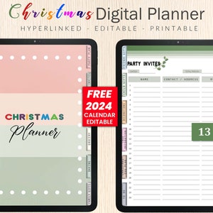 May include: A digital Christmas planner with 13 pages, featuring a green, pink, and beige colour scheme. The planner includes sections for party invites, shopping, baking, and more. It also includes a free 2024 calendar.