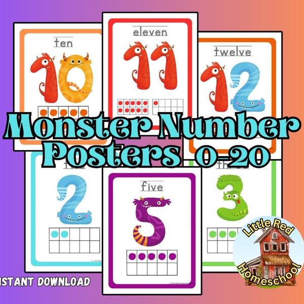 Classroom posters Monster themed 0-20 counting number sense ten frames class decor homeschool digital download printable pdf