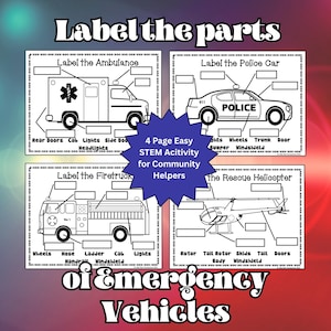 Label the Parts of the Emergency Vehicles | Firetruck Police Ambulance Helicopter | Community Helpers Preschool Worksheet