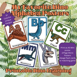 Dinosaur ABC Posters for Kids | Printable Dinosaur Alphabet Cards A-Z | Dino Flashcards, Classroom Decor, Preschool Homeschool