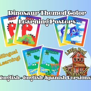 Dinosaur themed Color posters bilingual English Spanish learning posters classroom homeschool digital download early education pre k kinders