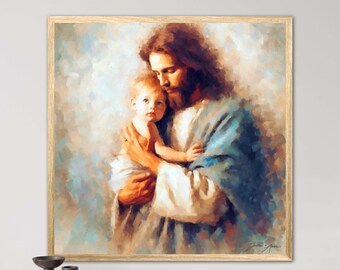 Greatest in the Kingdom - Jesus Holding a Toddler Embrace Artwork Spiritual Child Christian Sacred Bond Painting Religious Serene Guardians