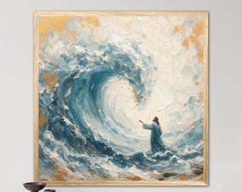 The Seas Surrender - Beautiful Swirly Cool Blue Oceanic Artwork of Jesus Christ Calming and Moving the Seas and Waves, Walking on the Water