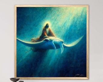 Jesus Christ on a Manta Ray - Divine Surf Celestial Sea Adventure Art Spiritual Ocean Scene Inspirational Marine Wall Imagery For Small Kids