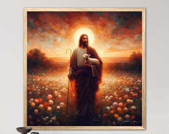 My Guardian - Unique Reds Jesus Christ and Sheep and a Lamb Digital Prints Artwork for Church Home College Dorm Decor Students Inspiration