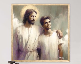 Friend to Friend - Thoughtful and Heavenly Painting of Jesus Christ Hugging a Father and Disciples of Christ in Need of Unique Encouragement