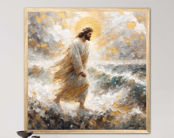 Calm the Seas - Holy Gold Jesus Christ Walking on Water Art Story, Wall Art for Homes, Art for Offices and Aesthetic Christ Designs Adult