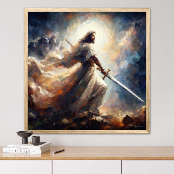 Bathed in Heaven - Spiritual Decor Gift for Happy Soulful Christian Churchgoers Wall Digital Jesus with Sword Defender Modern Colorful Wall