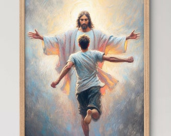 Reunited - Vertical Portrait Remarkable and Thoughtful and Touching Religious Art Depicting Meeting Jesus Christ in Heavens in the Afterlife
