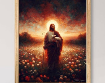 My Guardian - Portrait Vertical Red and Orange Beautiful Mini Classical Painting of Jesus Christ Holding a Baby Sheep as the Good Shepherd