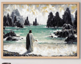Pearl of Great Price - Unique Black Green Watery Coast Ocean Jesus Christ Artwork Prints Ready For Frames and Homelike Christian Gift For Me