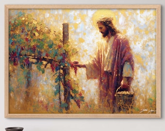 God's Vineyard - Breathtaking Jesus Christ Horizontal Landscape Colorful Christian Religious Artistic Prints  of Faithful Happy Symbolisms