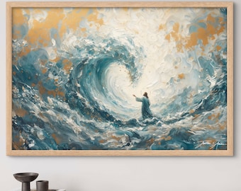 The Seas Surrender - Horizontal Landscape Epic Swirly Ocean New Concept Painitng of Jesus Christ Calming the Wiley Ocean and Swell Elements