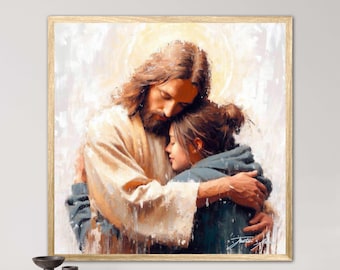 Daughter of Mine - Jesus Christ Artwork, Paintings of The Messiah, Christian Religious Biblical Wall Art of the Lord Hugging Me and Safety