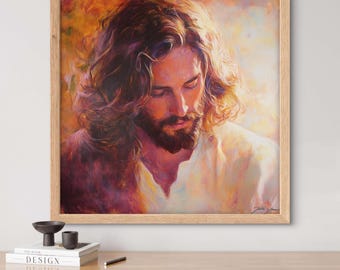 Glory to God - Close Up Happy Portrait Jesus Christ Face Prints Painting Images Canvas Wall Art of Christian Savior of the World Forever Red