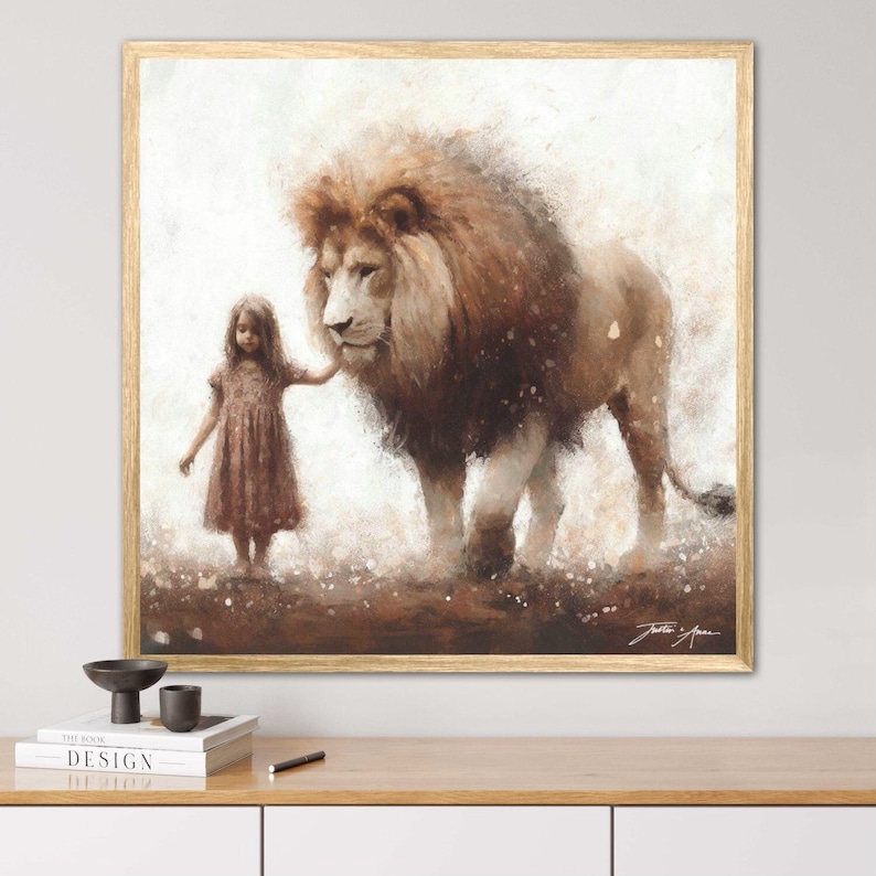 May include: A painting of a young girl in a brown dress walking next to a large lion. The background is a light brown with white speckles. The lion is walking with its head turned towards the girl. The painting has a soft, watercolor-like style.