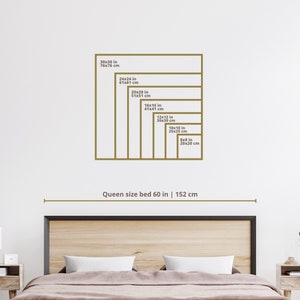 May include: A diagram showing different sizes of square frames in inches and centimeters, with the text "Queen size bed 60 in | 152 cm" below the frames.