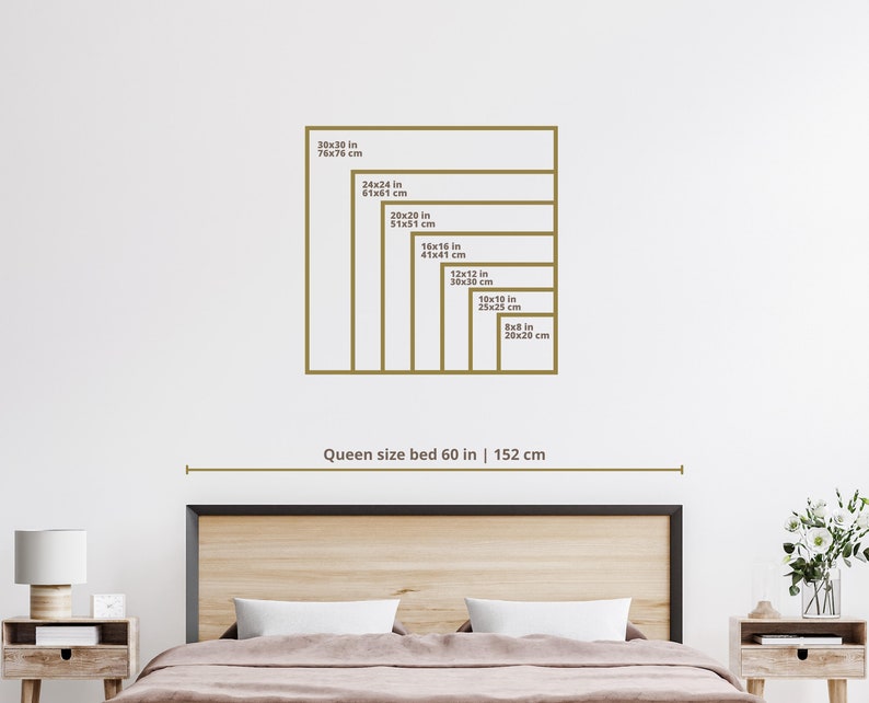 May include: A diagram showing different sizes of square frames in inches and centimeters, with the text "Queen size bed 60 in | 152 cm" below the frames.