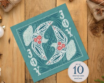 Two Turtle Doves Christmas Cards: Hand-Illustrated Folk Art - Set of 10