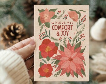 Hand-Drawn Christmas Card Set: Poinsettia Floral, Linen Texture (10 Pack)