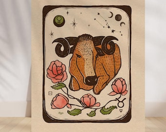 Stampa del segno zodiacale del Toro / Arte popolare astrologica da parete / Illustrazione di un toro a mano / Stampa botanica vintage con xilografia / Regalo per lei con il segno del Toro