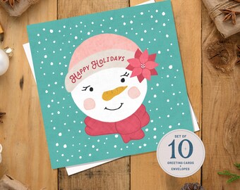 10 Pack Blank Snow Woman Holiday Greeting Cards | "Ester" | Christmas Card Box Set | Hand-Illustrated | Snowman | Winter Wonderland