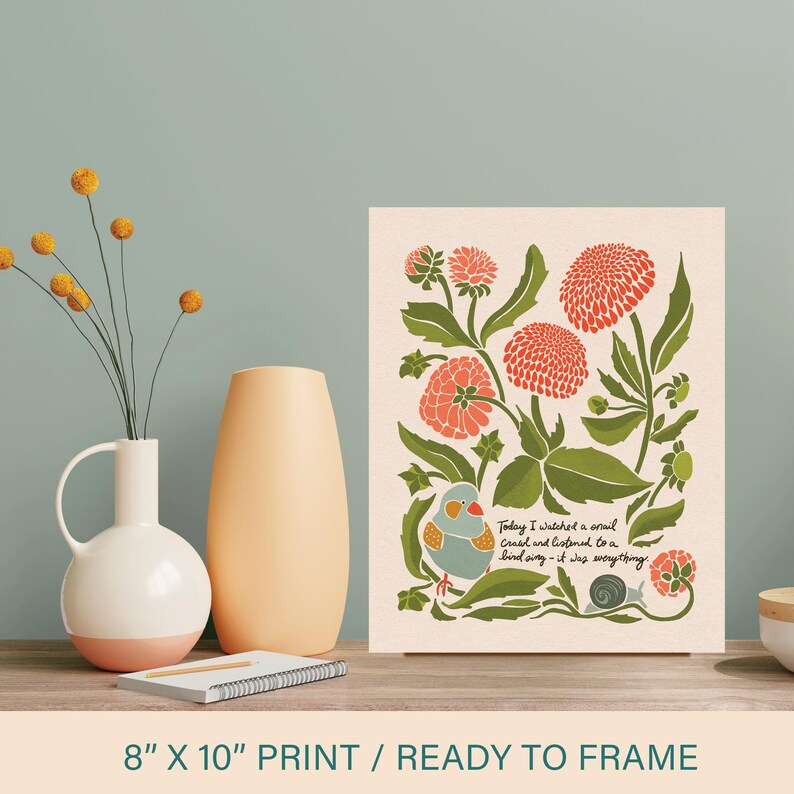 Curated visual reference: Folk Algrip Motivational Dwent Reference: Bird And Snail Folk Art Print Inspirational Garden Art