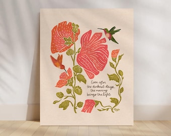 Hummingbird & Hollyhock Botanical Art Print: Modern Folk Garden Decor | Positive Quote