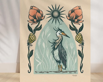 Stampa Art Nouveau illustrata a mano raffigurante un airone azzurro maggiore con ninfee rosa.