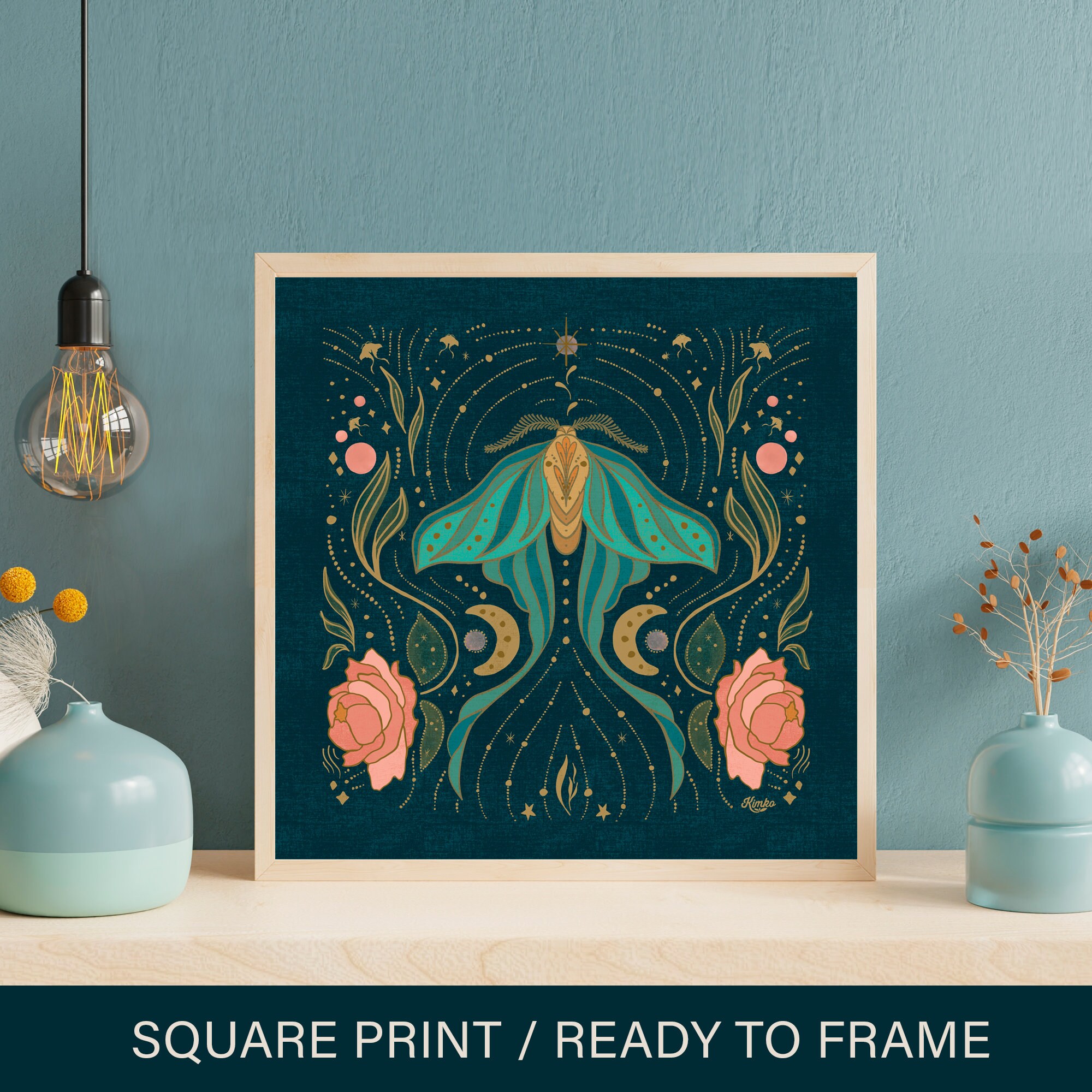 Luna Moth Art Print: Celestial Moon & Peonies Wall Decor - Etsy